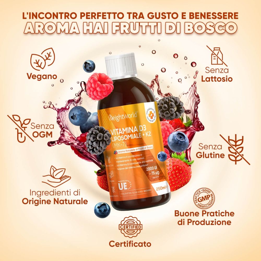 Bottiglia con frutta. Testo: Aroma di frutti di bosco, vegano, senza OGM, senza lattosio, senza glutine, ingredienti naturali.