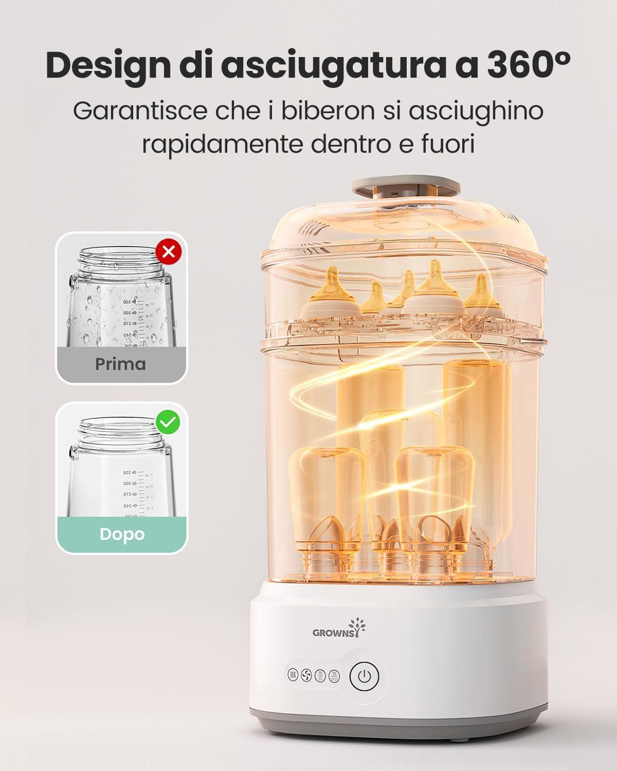 Sterilizzatore per biberon con funzione di asciugatura 5 in 1 Grownsy