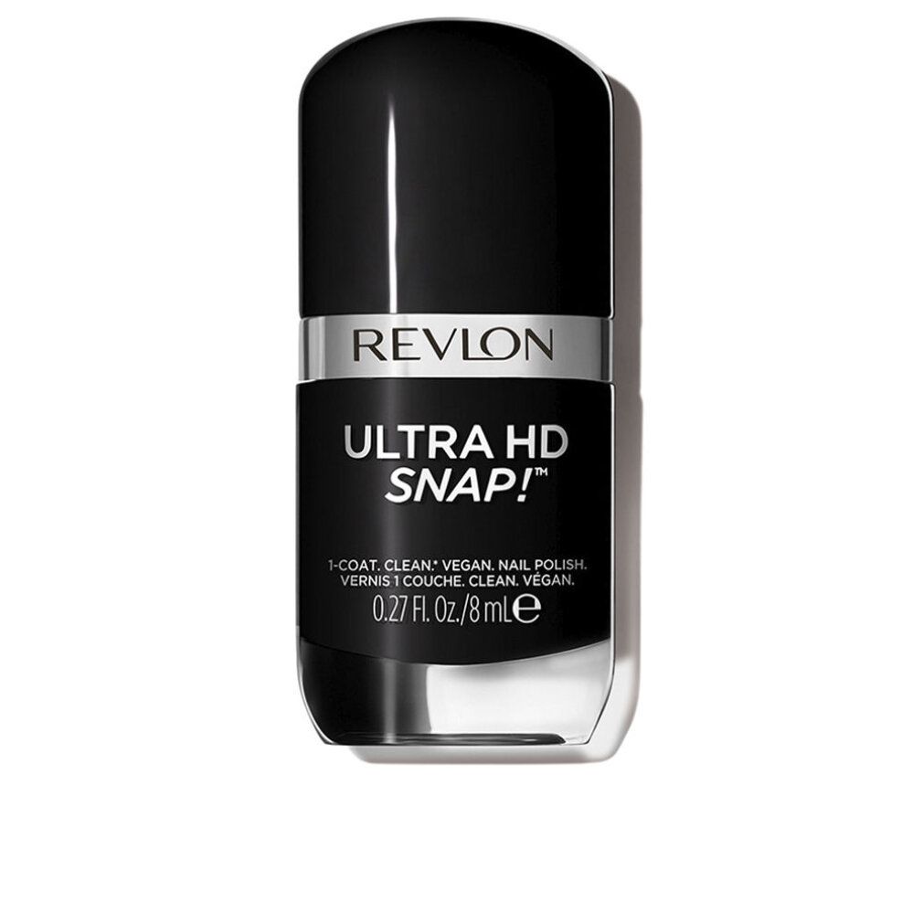 Smalto per unghie Revlon Ultra HD Snap!. Flacone nero con fascia argentata. Testo: Revlon, Ultra HD Snap!, 0.27 fl. oz./8 ml.
