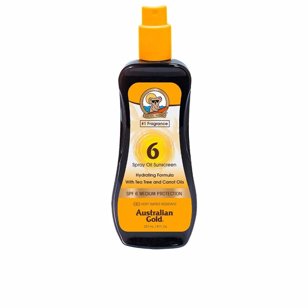 Flacone marrone con erogatore spray giallo. Scritta: Spray Oil Sunscreen 6, Hydrating Formula, SPF 6, Australian Gold.
