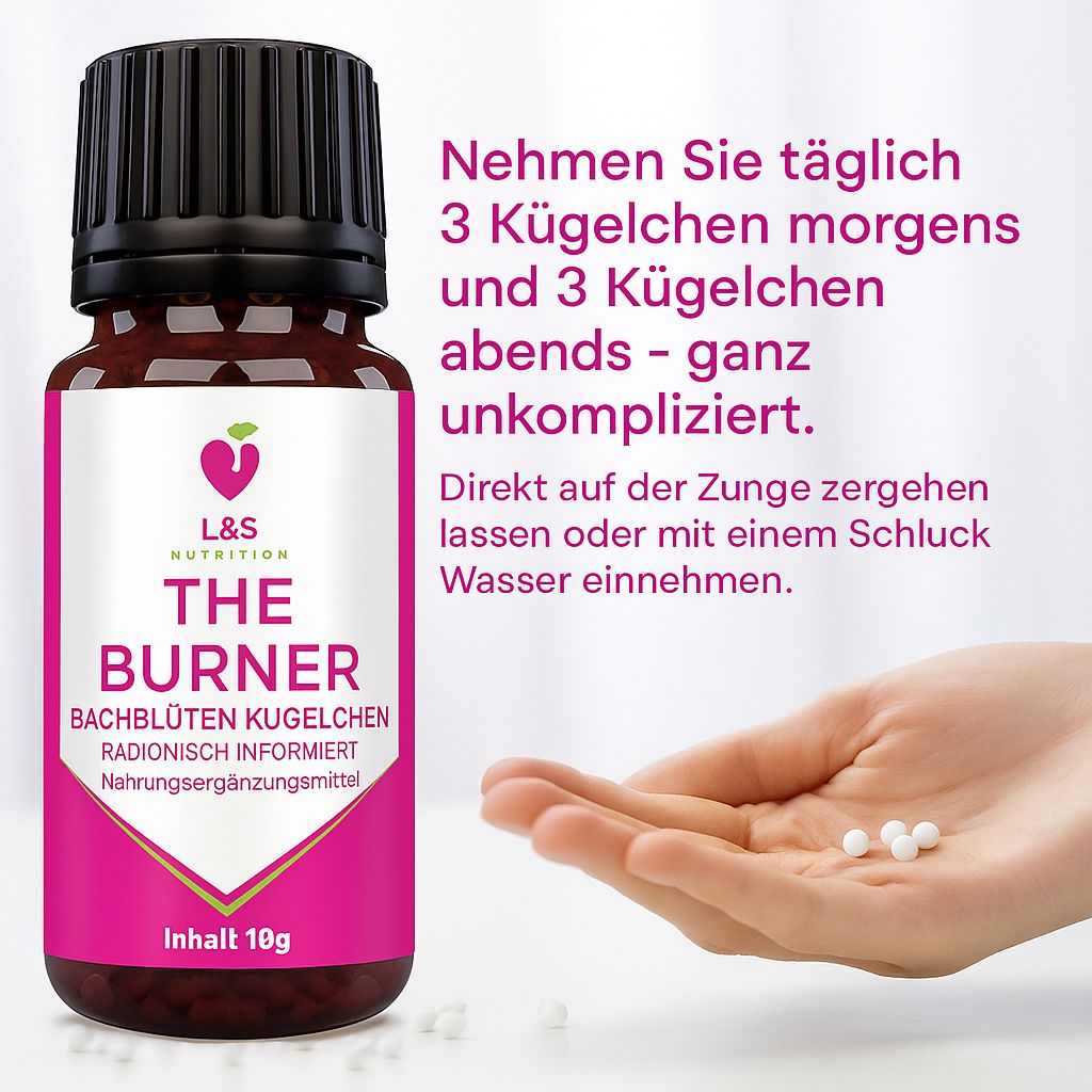 Flacone marrone con tappo nero. Mano con granuli. Testo: L&S Nutrition, THE BURNER, Bachblüten Kügelchen. Istruzioni.