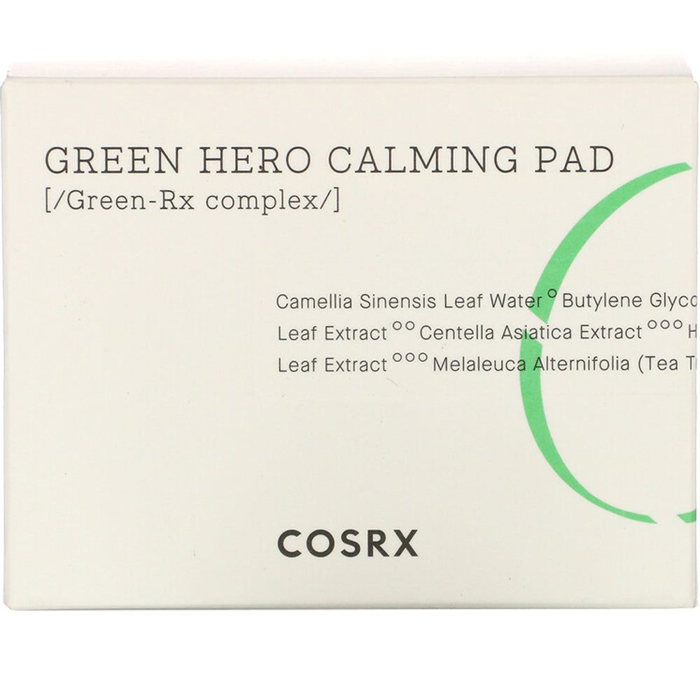 COSRX Green Hero Calming Pad: Confezione bianca con accenti verdi e informazioni sul prodotto.