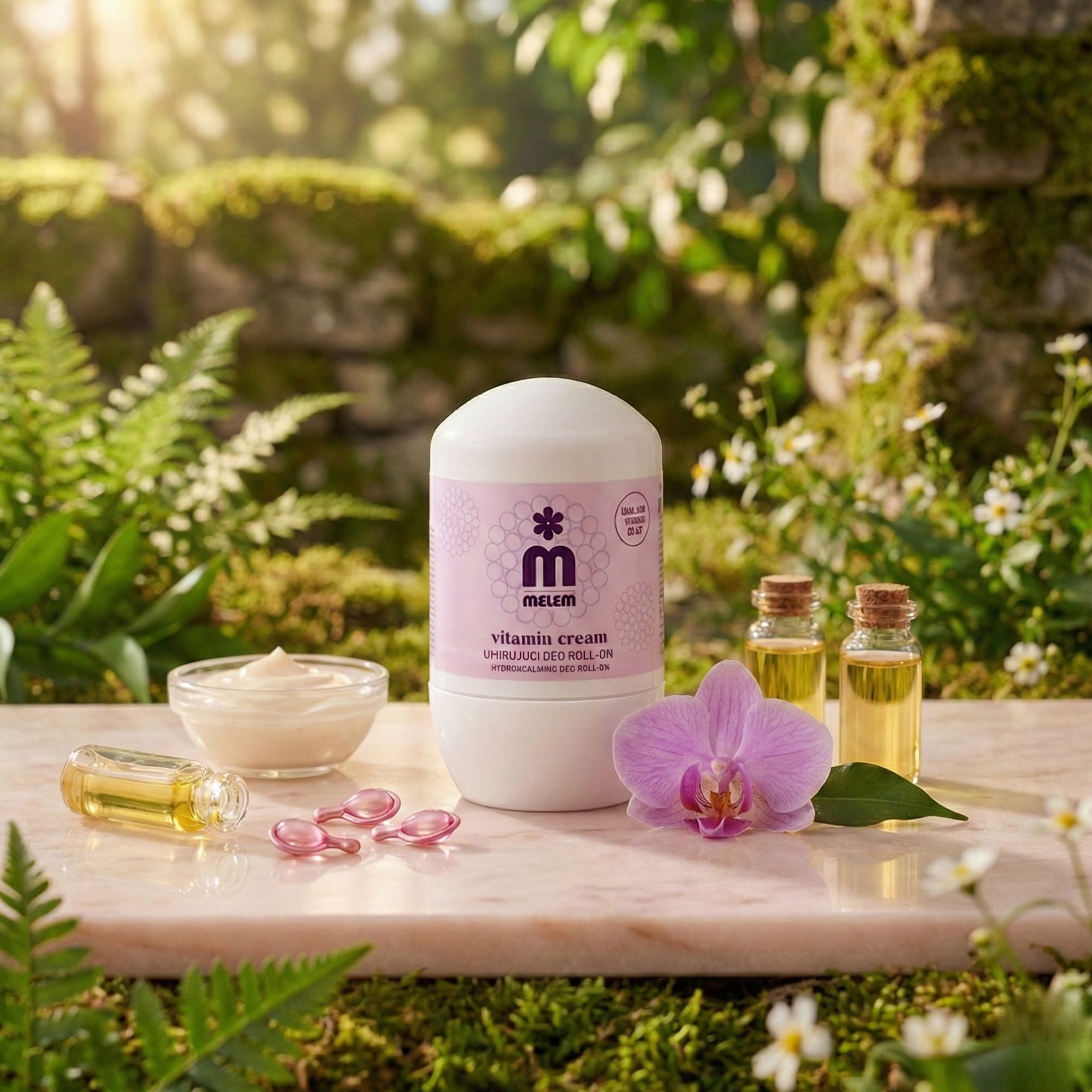 Roll-on bianco con etichetta viola, testo: Vitamin Cream. Su lastra di marmo all'aperto. Con orchidea, oli, crema e capsule.