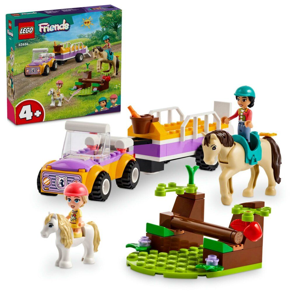 Set LEGO Friends con auto, rimorchio, cavalli, pony e personaggi. Confezione in alto a sinistra. Età consigliata: 4+