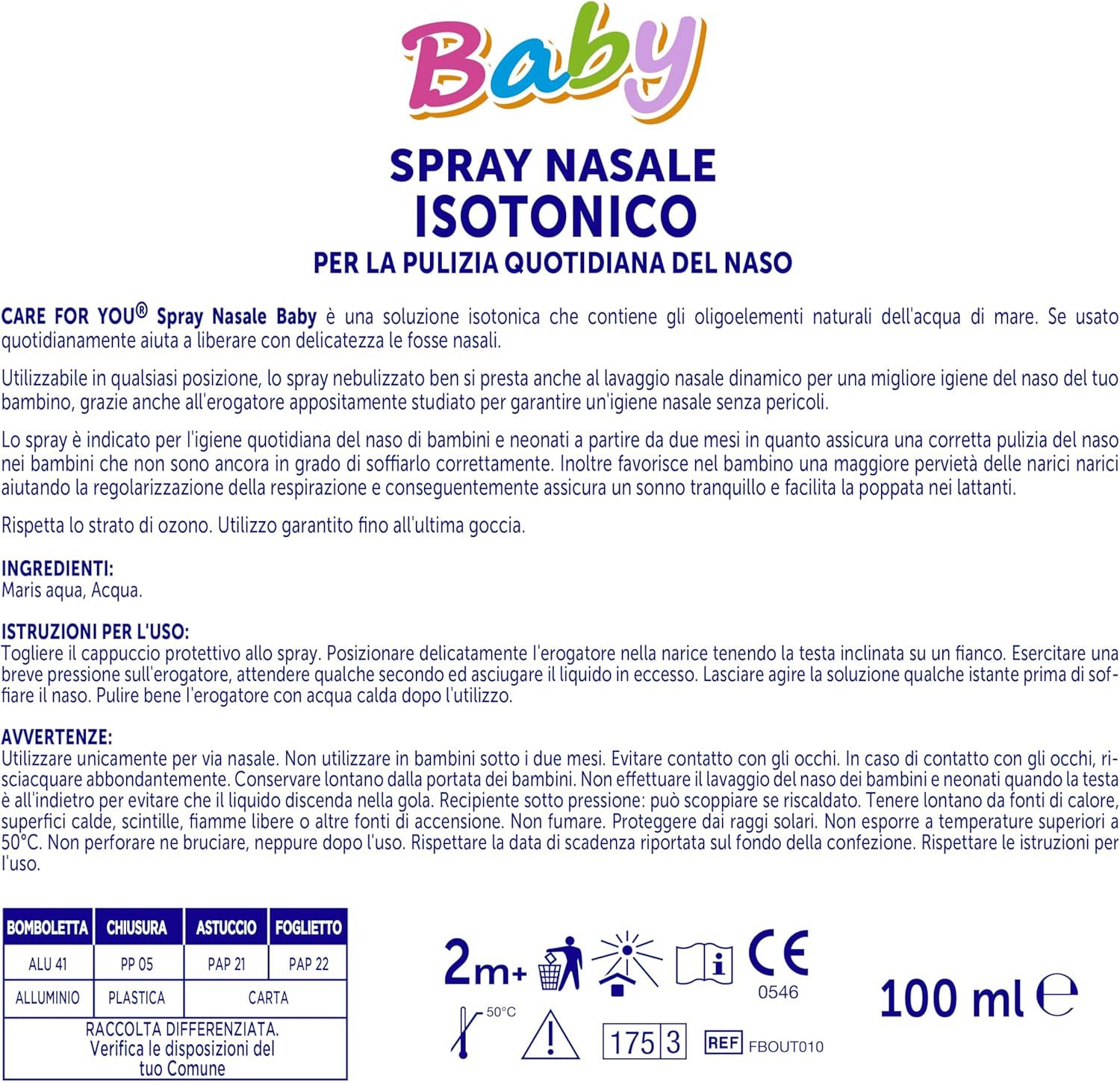 Care For You Spray Nasale Isotonico Baby, 100 ml - da 2 mesi