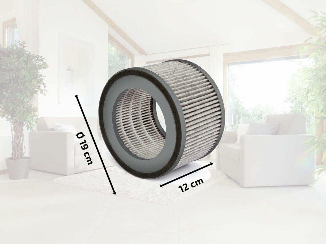 Filtro cilindrico grigio, bordo nero. Diametro 19 cm, altezza 12 cm. In un soggiorno.