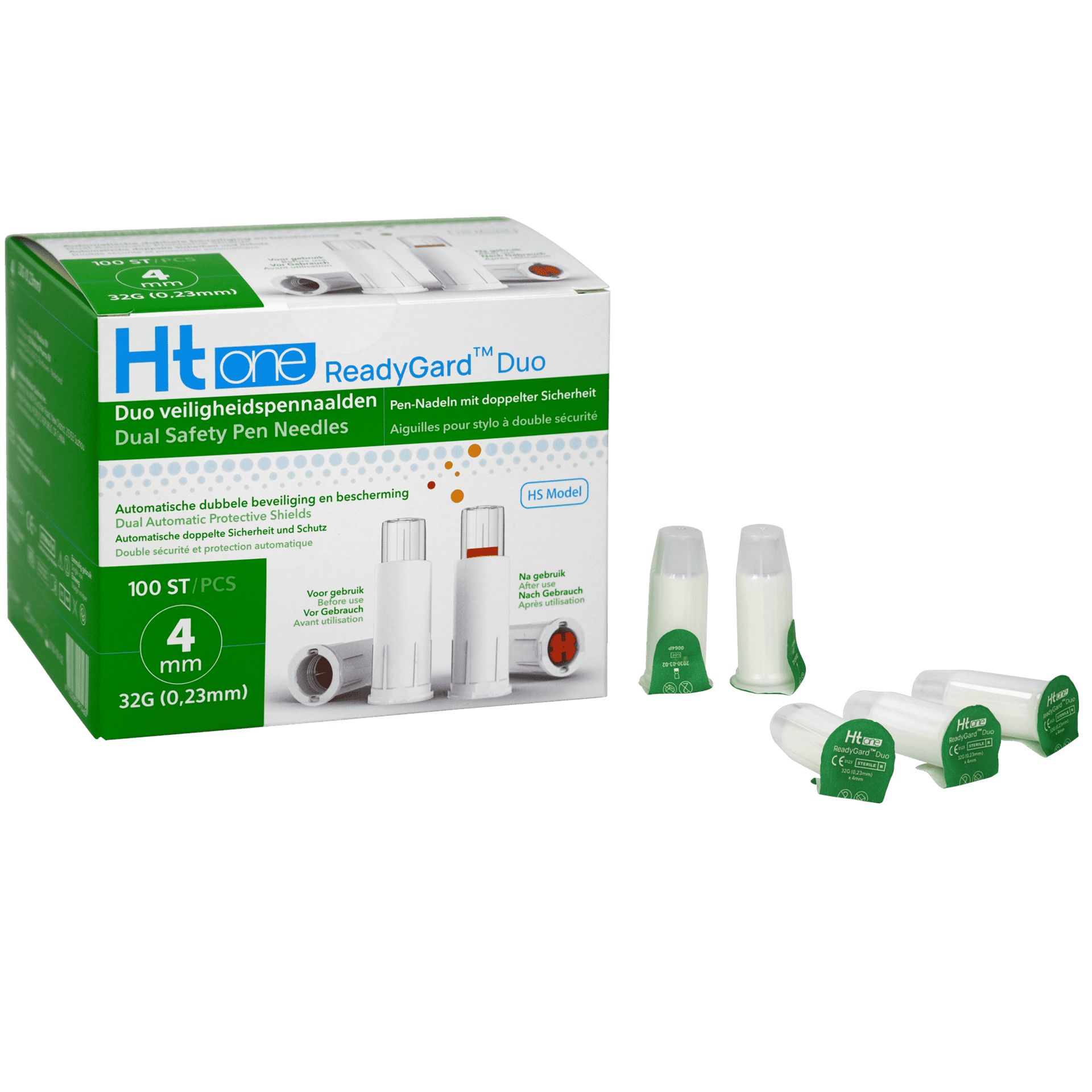 Aghi di sicurezza Ht one ReadyGard Duo, 100 pezzi, 32G, 4mm. Scatola e aghi sparsi.