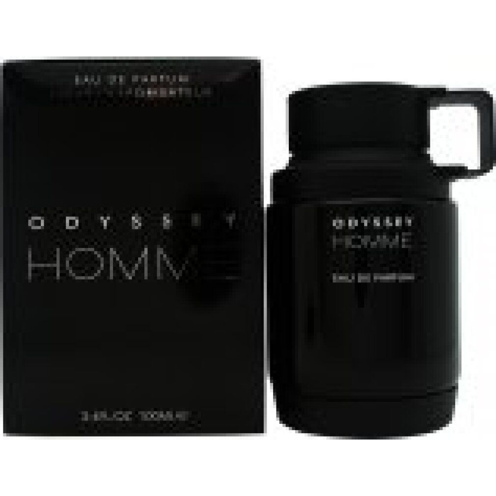 Flacone e confezione neri. Scritta: Odyssey Homme Eau de Parfum. Flacone con manico. Confezione con testo.