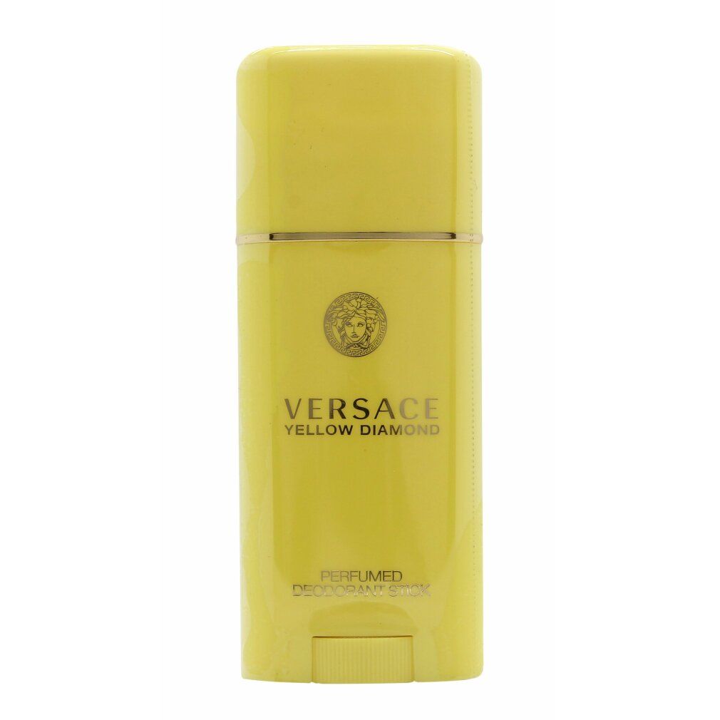 Stick deodorante giallo Versace Yellow Diamond. Forma rettangolare, dettagli dorati e logo. Scritta: Perfumed Deodorant Spray.