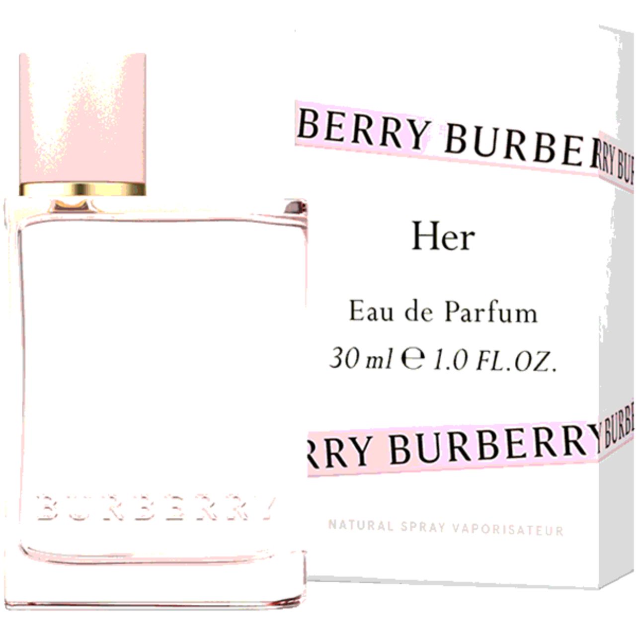 Flacone e confezione Burberry Her Eau de Parfum. Scatola bianca, testo rosa, flacone liquido rosa.