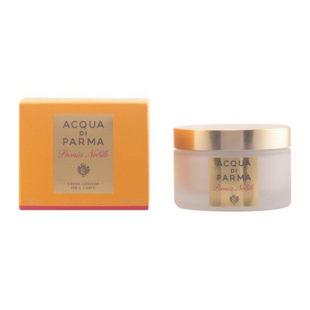 Vaso e scatola di crema. Scritta: Acqua di Parma Peonia Nobile. Coperchio dorato, scatola gialla.