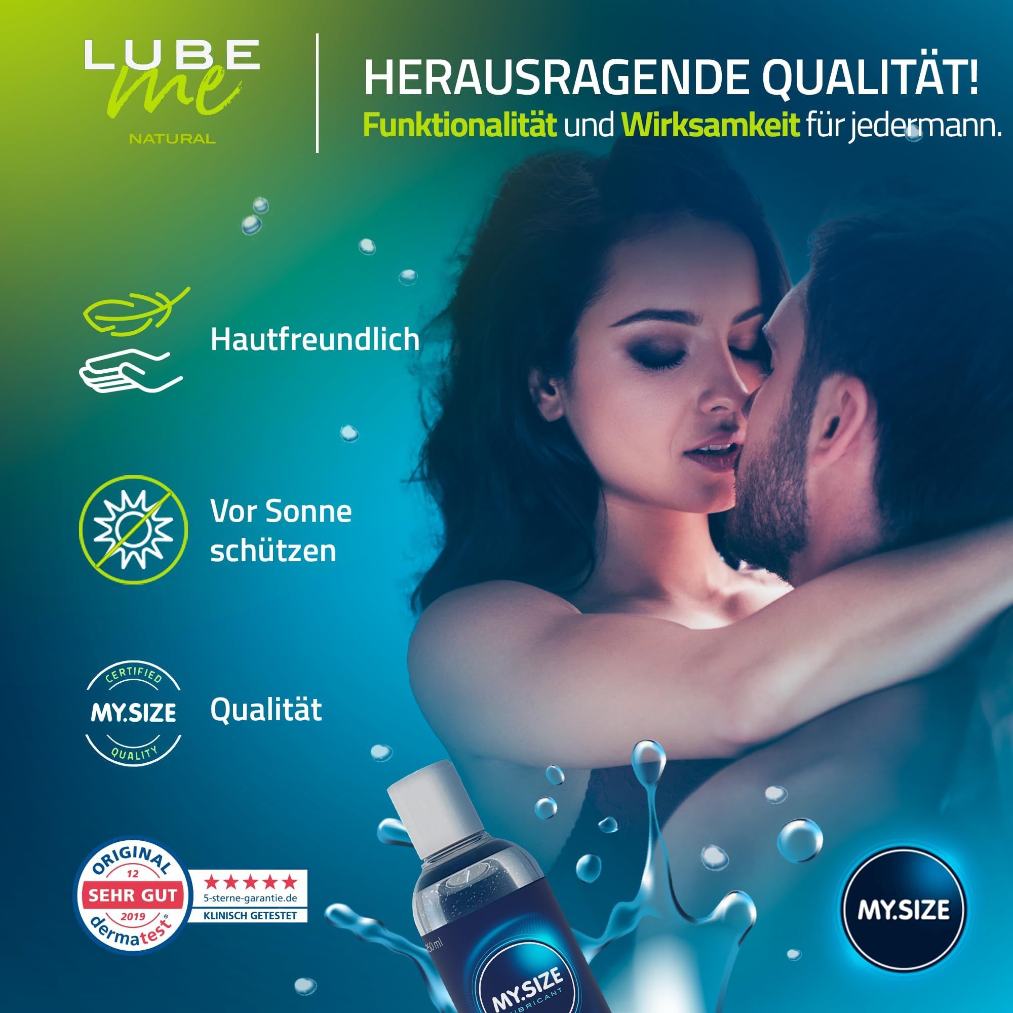 MY.SIZE LUBE ME NATURAL Lubrificante, flacone da 250ml, a base d'acqua. Coppia sullo sfondo.
