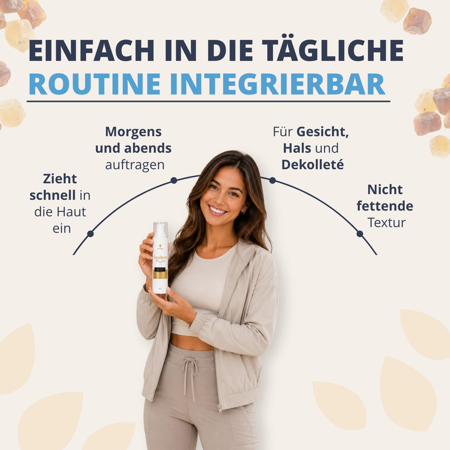 Donna con crema Golden Tree Ageless. Facile da integrare nella routine, si assorbe rapidamente, texture non grassa.