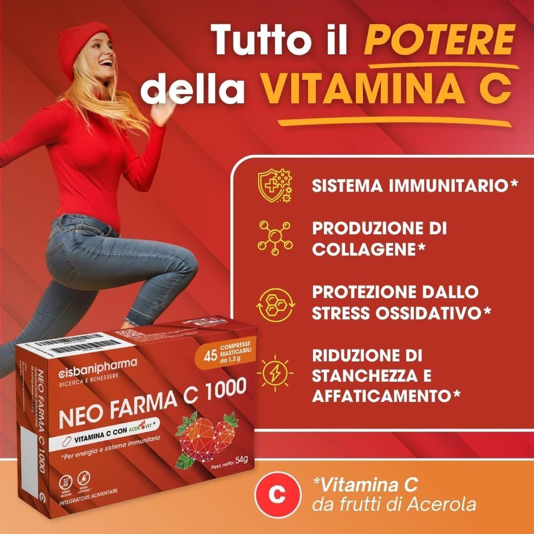 Confezione Neo Farma C 1000 Vitamina C con frutti di Acerola, 45 compresse.