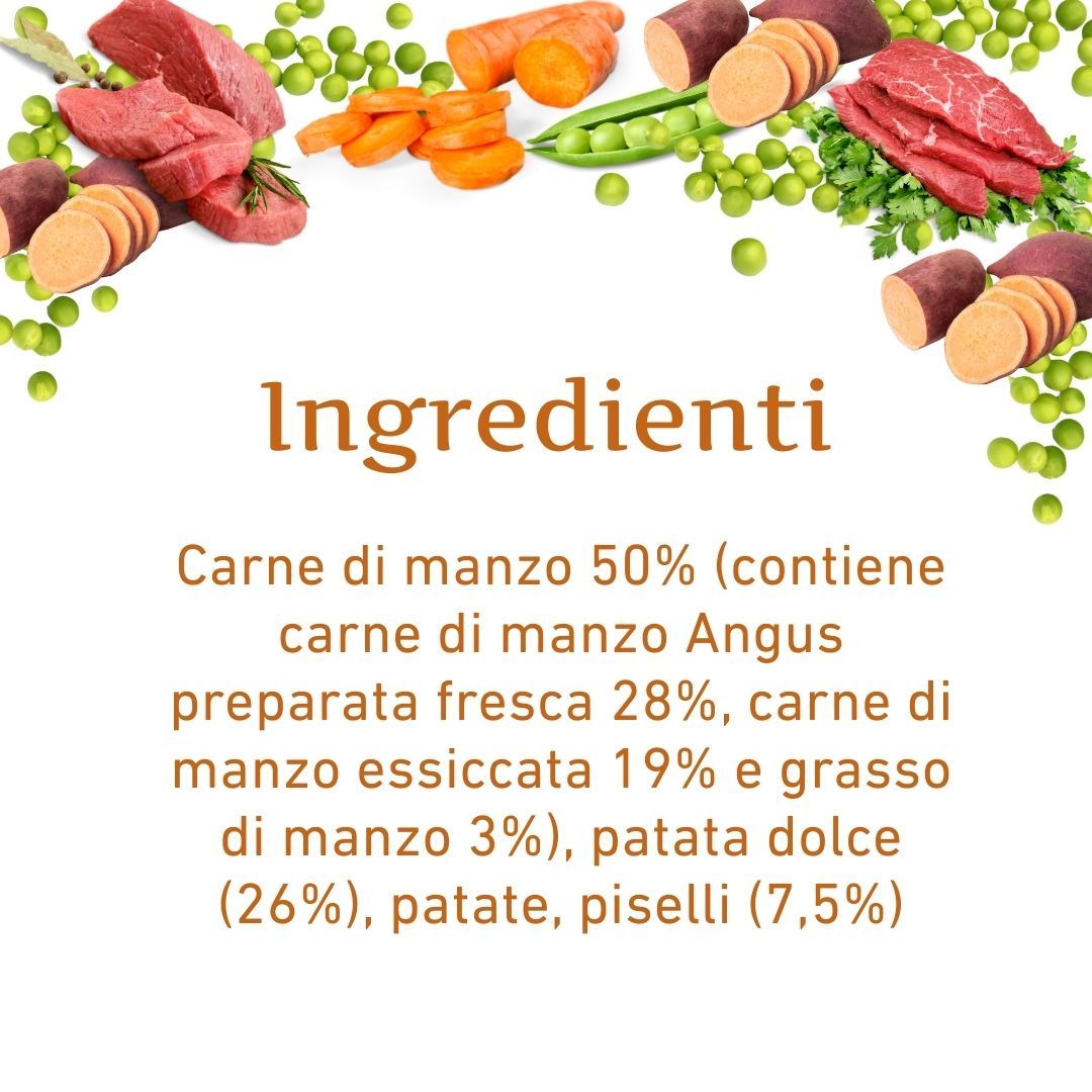 Elenco degli ingredienti del cibo per cani. Contiene manzo, patate dolci, patate e piselli. Testo: Carne di manzo 50%.