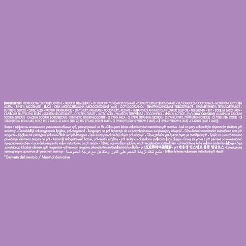 Testo con ingredienti su sfondo viola. Diverse righe di testo in varie lingue.