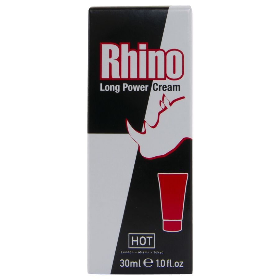 Confezione di Rhino Long Power Cream con logo rinoceronte e accenti rossi. Contiene 30ml.