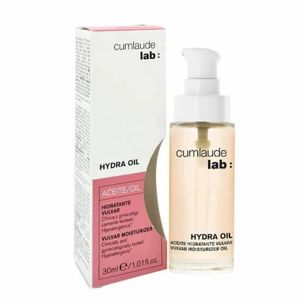 Flacone con dosatore e confezione. Scritta: Hydra Oil, olio idratante vulvare. Marchio: Cumlaude Lab. Confezione rosa e bianca.