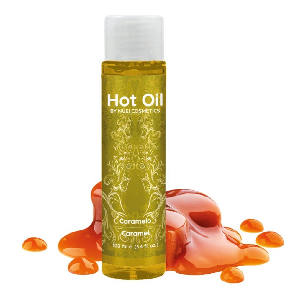 Flacone di olio giallo con "Hot Oil". Liquido arancione versato accanto. Marchio NUEI Cosmetics.
