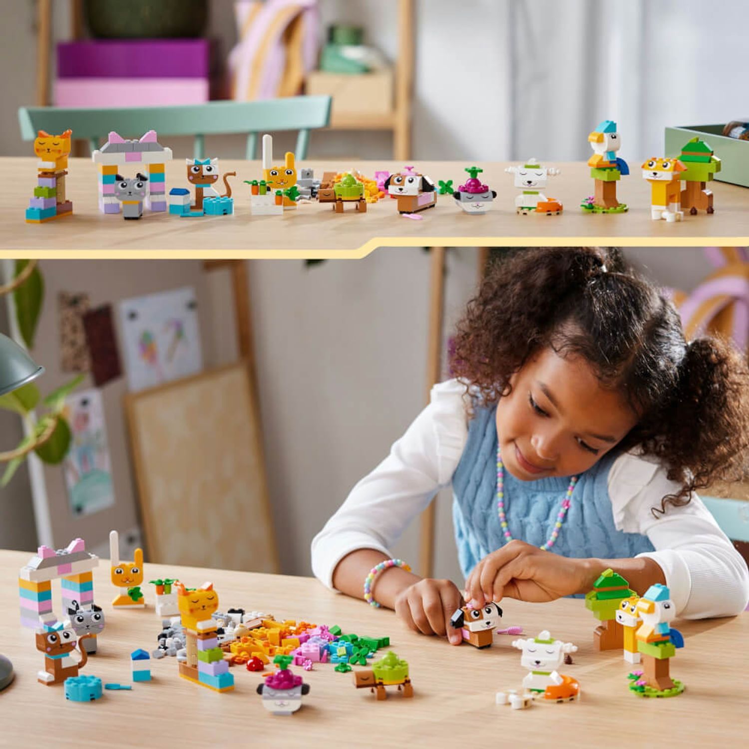 Bambino che costruisce figure di animali con mattoncini LEGO. Modelli finiti e mattoncini sfusi sul tavolo.