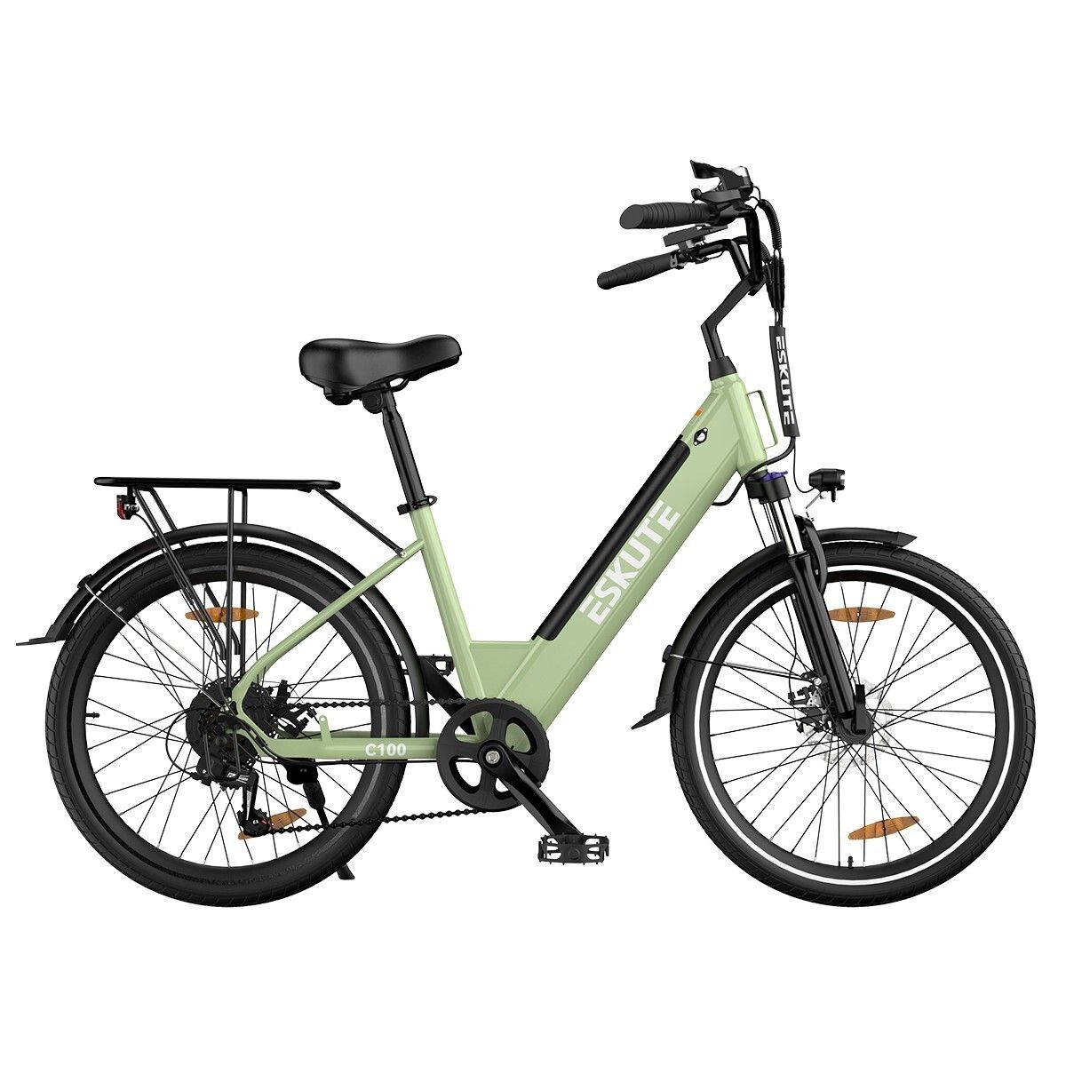 Bicicletta elettrica verde chiaro con pneumatici neri e portapacchi. Marchio ESKUTE sul telaio.