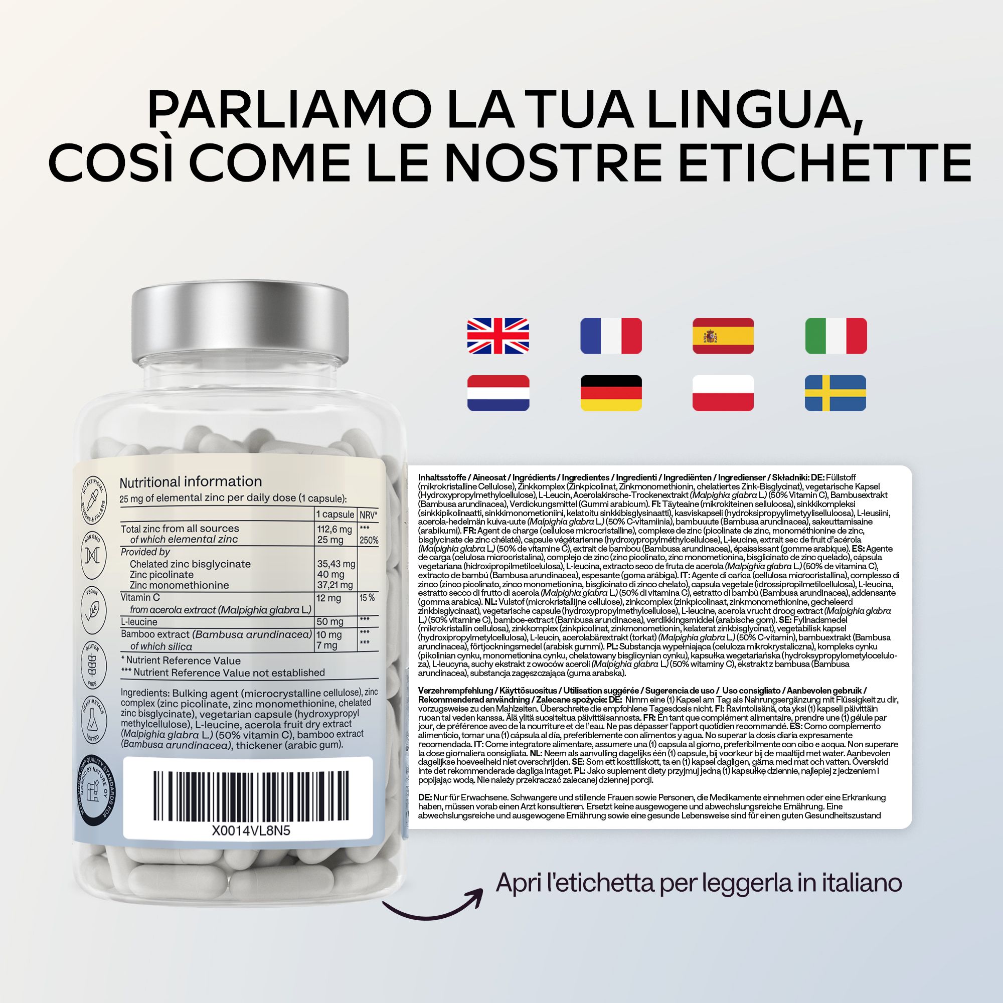 Aavalabs Triple Zinc: Etichette multilingue, informazioni in italiano, tedesco, francese, spagnolo, svedese.