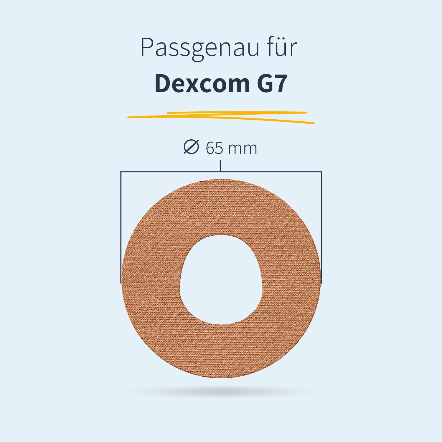 Cerotto rotondo marrone con foro, diametro 65 mm. Testo: Adatto per Dexcom G7.