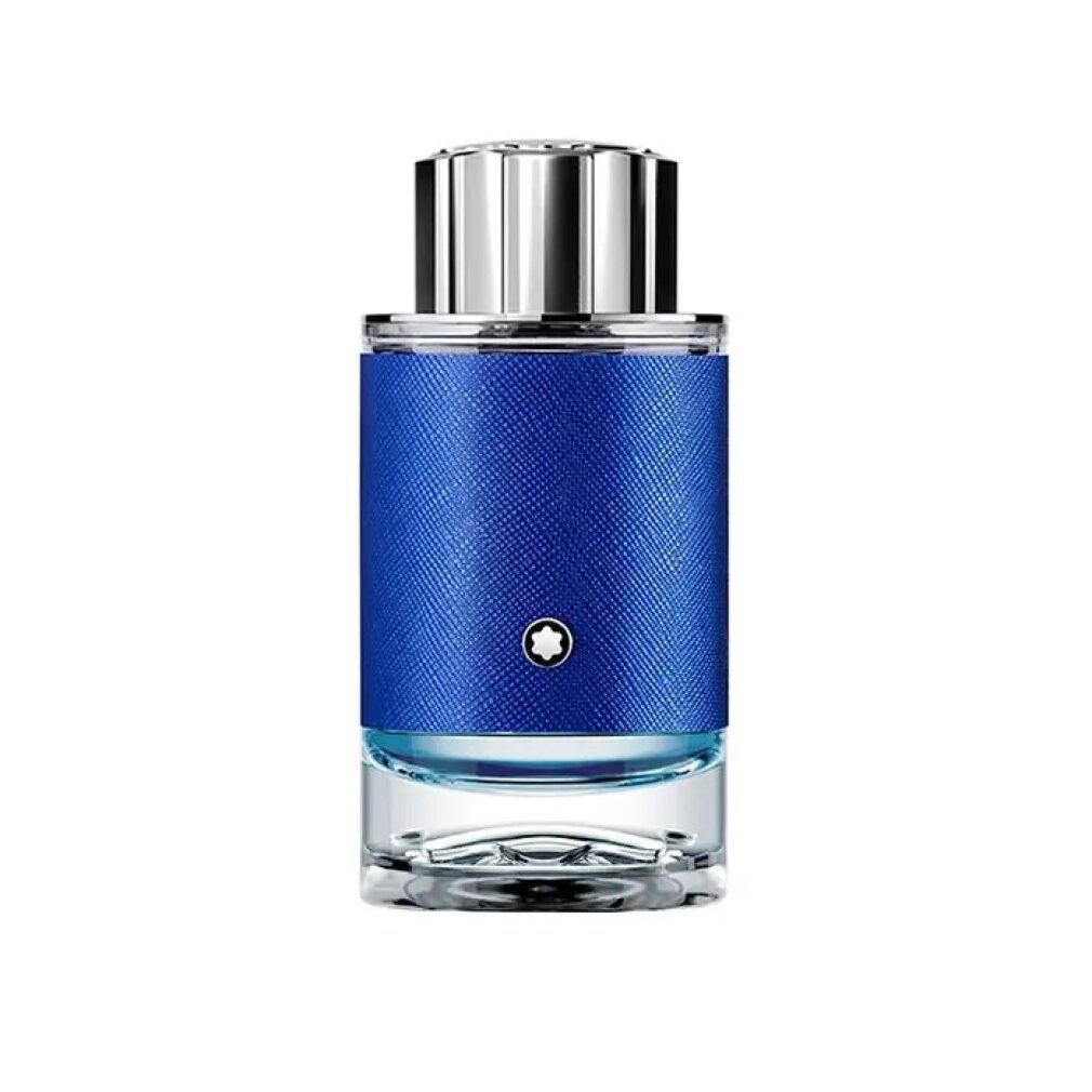 Flacone blu con tappo argentato. Logo Montblanc. Base in vetro. Rivestimento blu strutturato.