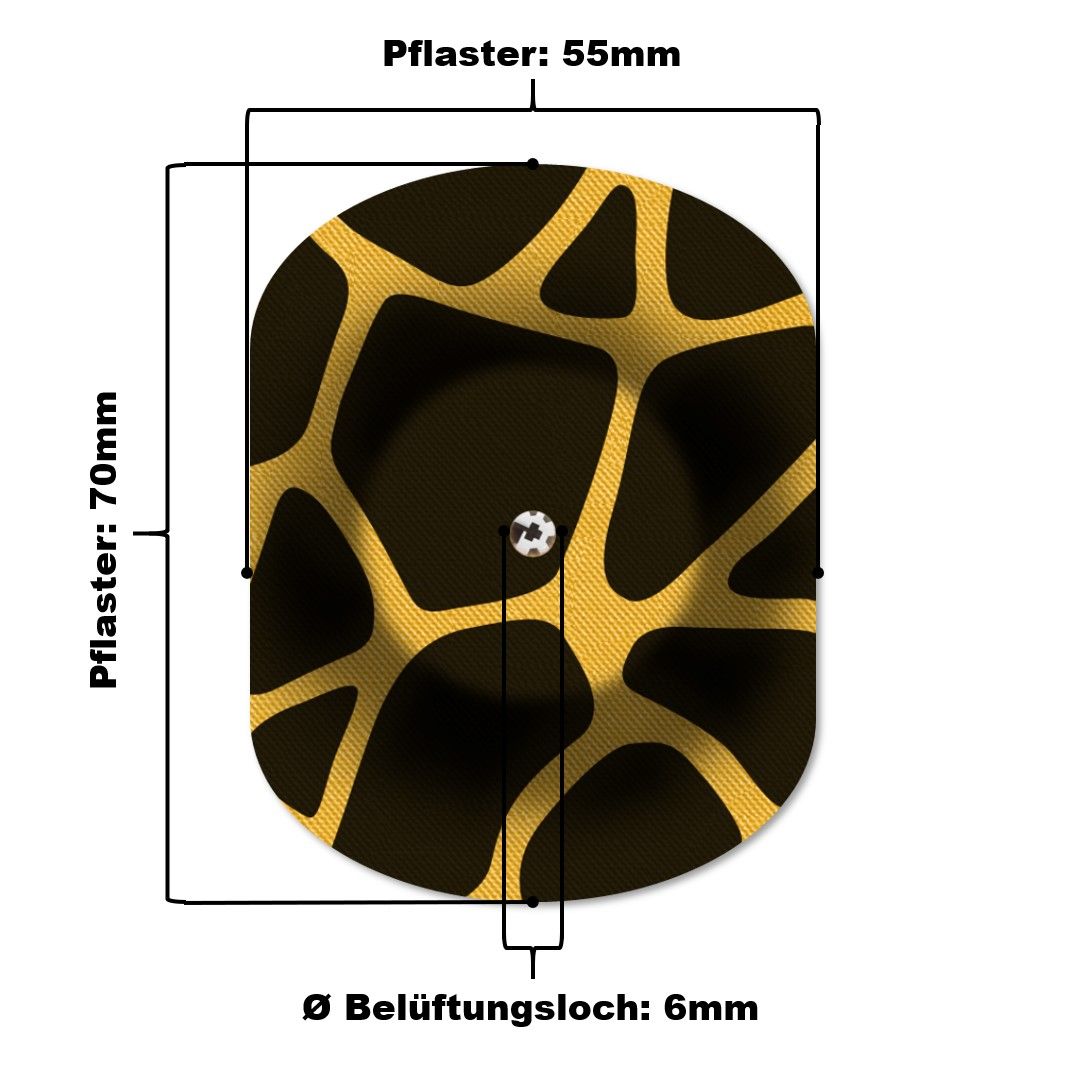 Cerotto ovale con foro di ventilazione. Motivo giallo su sfondo nero. Dimensioni: 70mm x 55mm. Foro: 6mm.