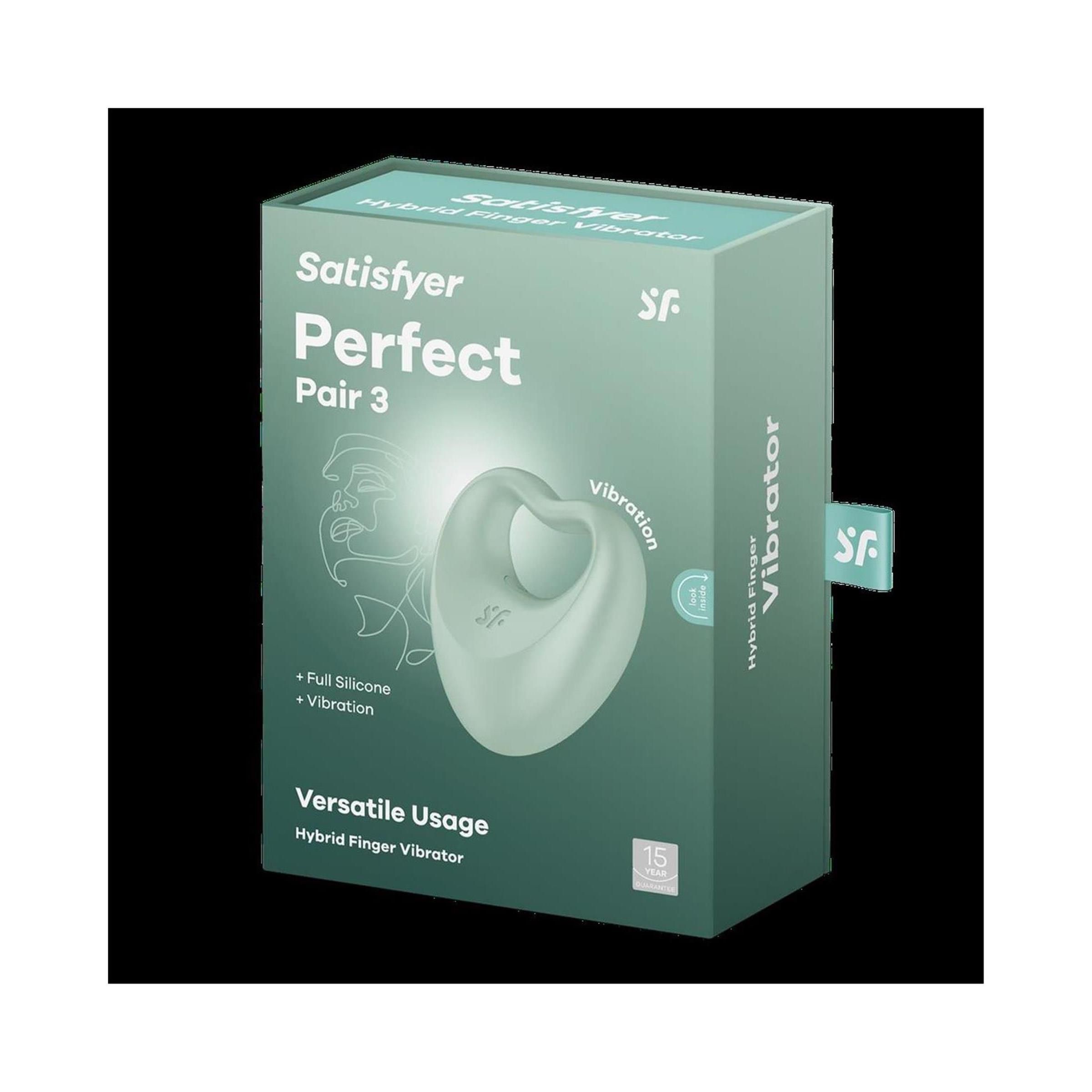 Confezione di Satisfyer Perfect Pair 3. Scatola verde menta con immagine e testo del prodotto. Vibratore ibrido per dita.