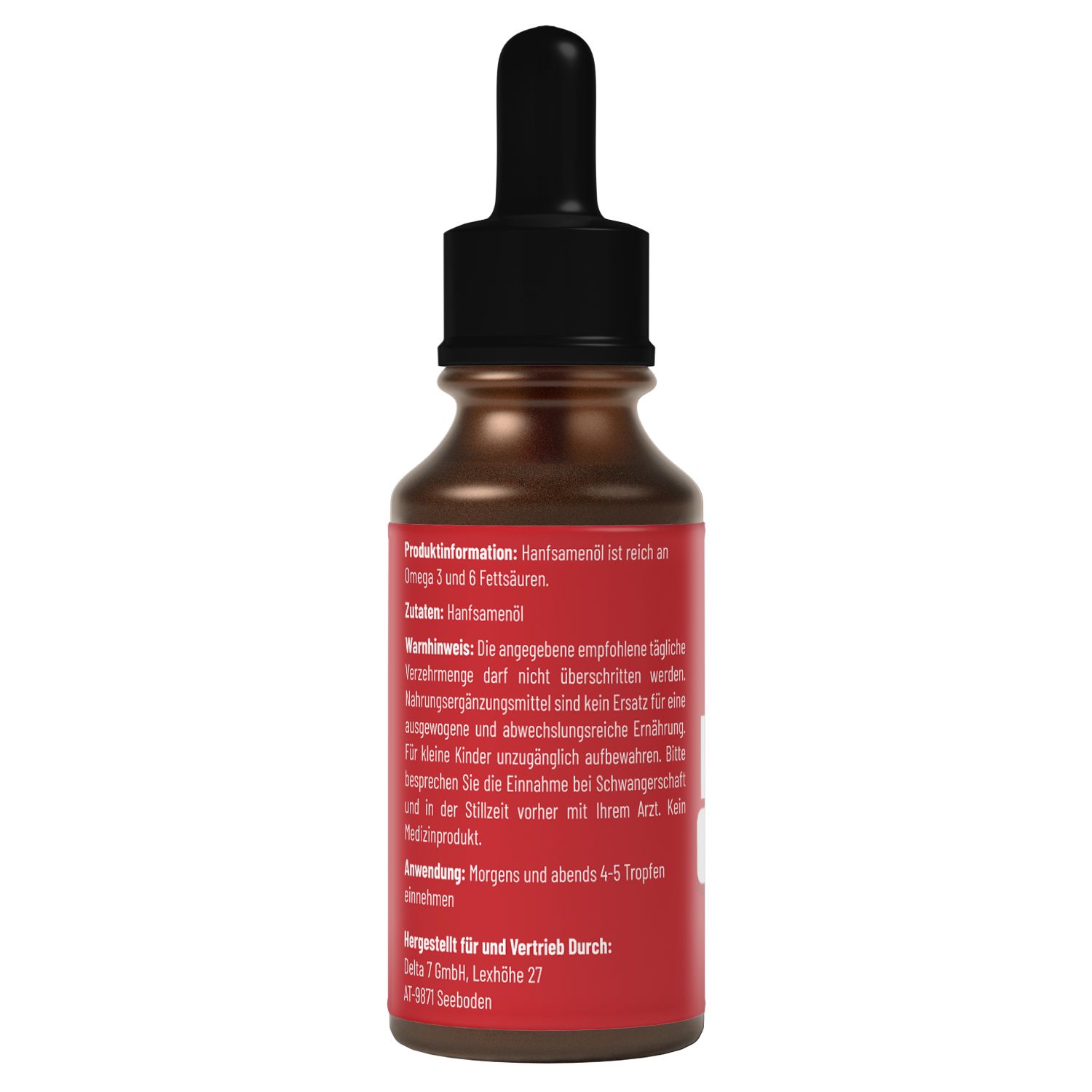 Retro del flacone. Etichetta rossa con testo. Contiene informazioni su ingredienti, uso e avvertenze. Contagocce nero.