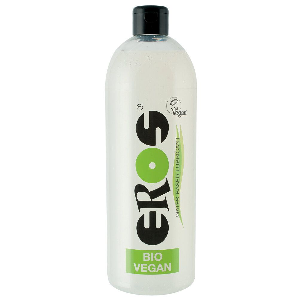 Flacone con tappo nero. Scritta: Eros, Bio Vegan, lubrificante a base d'acqua. Sigillo vegano.