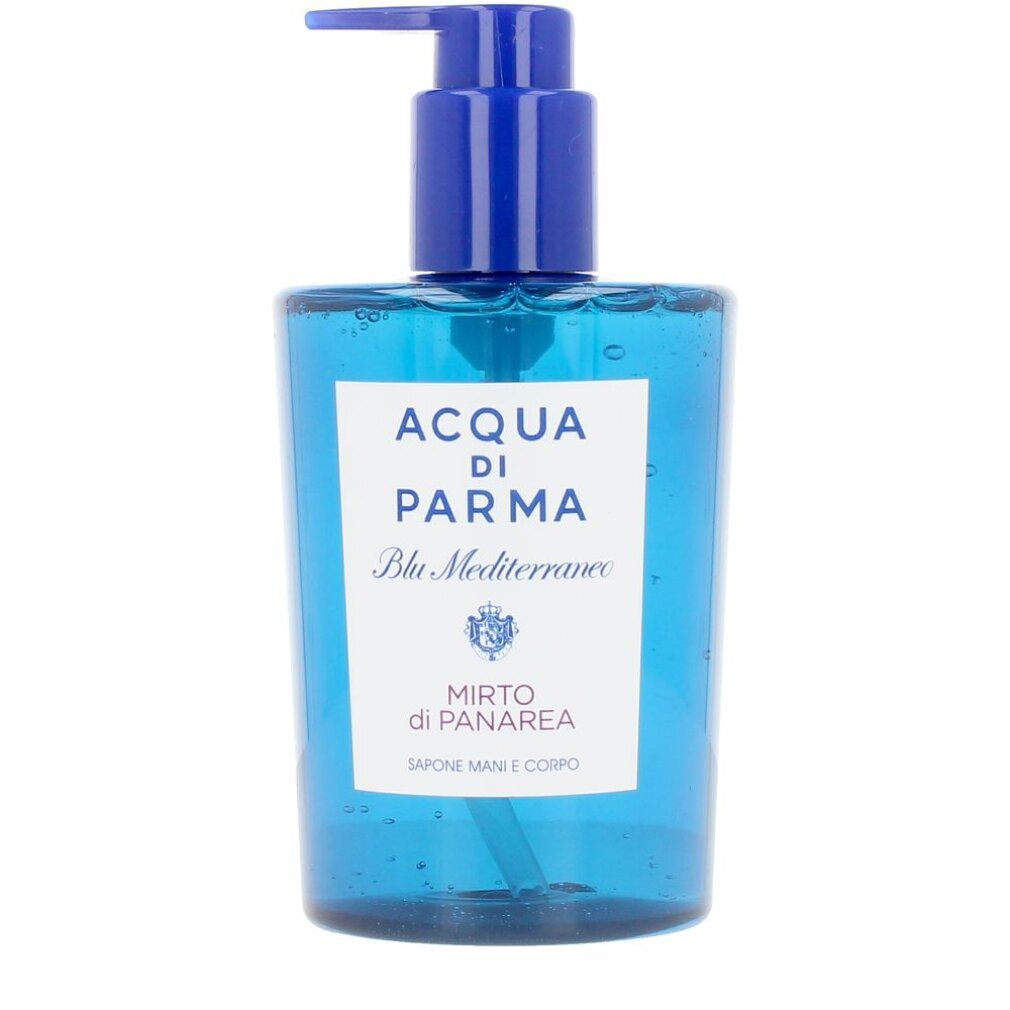 Flacone di sapone liquido blu con dosatore. Etichetta con testo: ACQUA DI PARMA Blu Mediterraneo, Mirto di Panarea, Sapone mani e corpo.