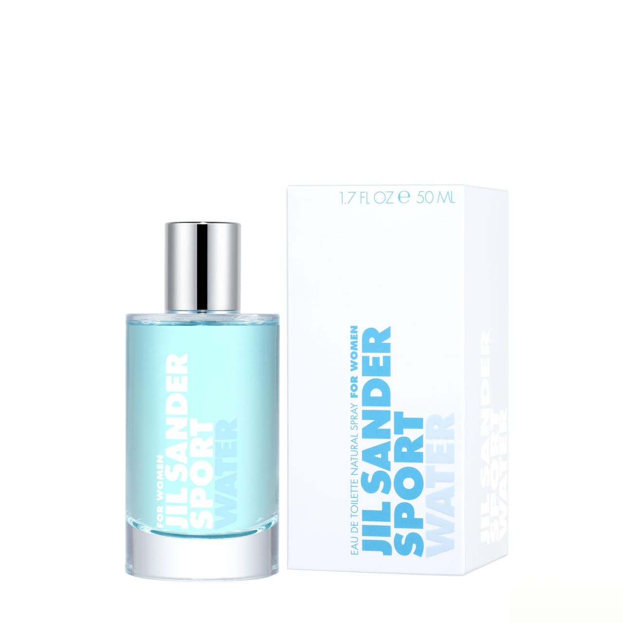 Flacone e confezione di Jil Sander Sport Water. Flacone azzurro chiaro con tappo argentato. Confezione bianca con scritta blu.