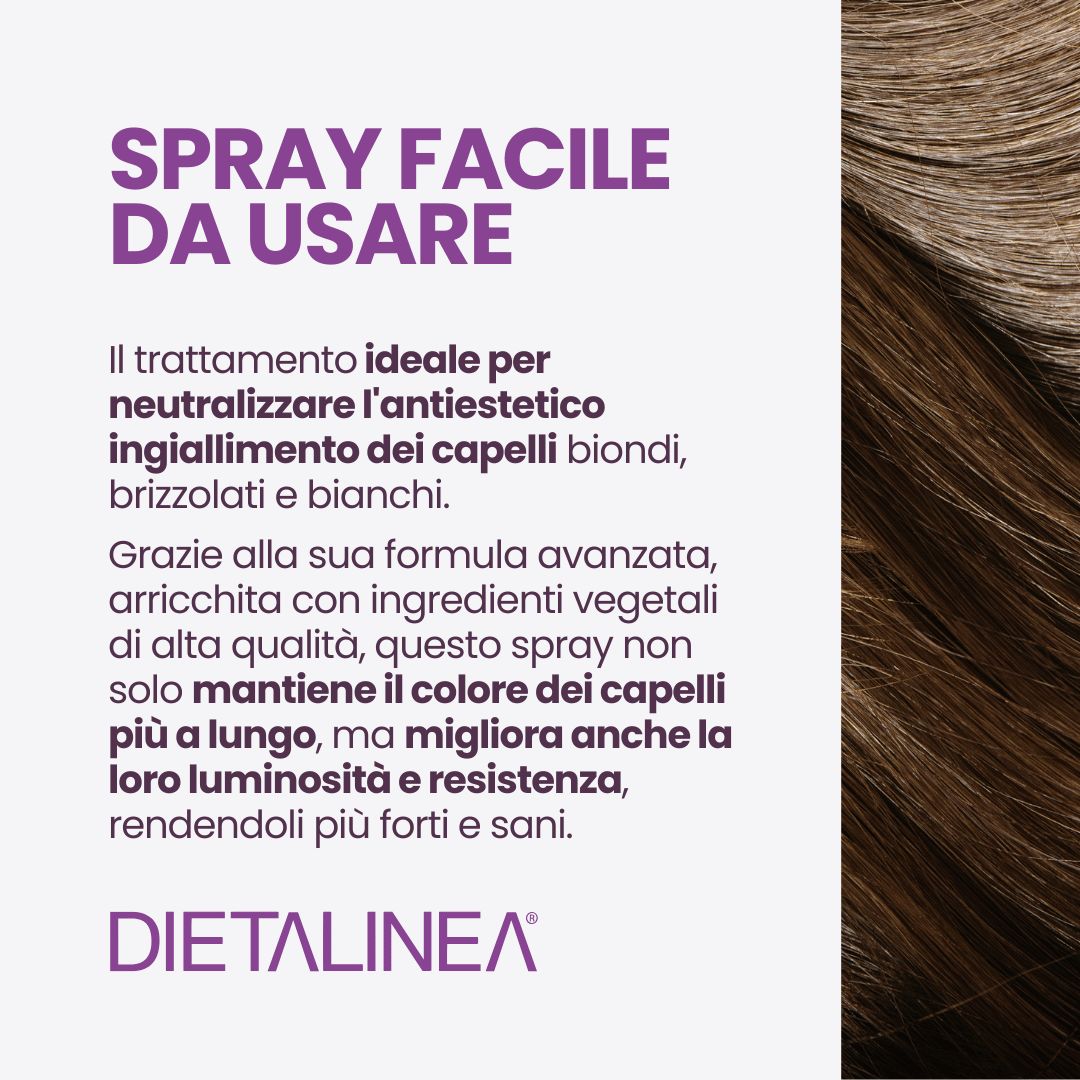 Testo sulla facilità d'uso e i benefici dello spray per capelli biondi, ricci e bianchi.