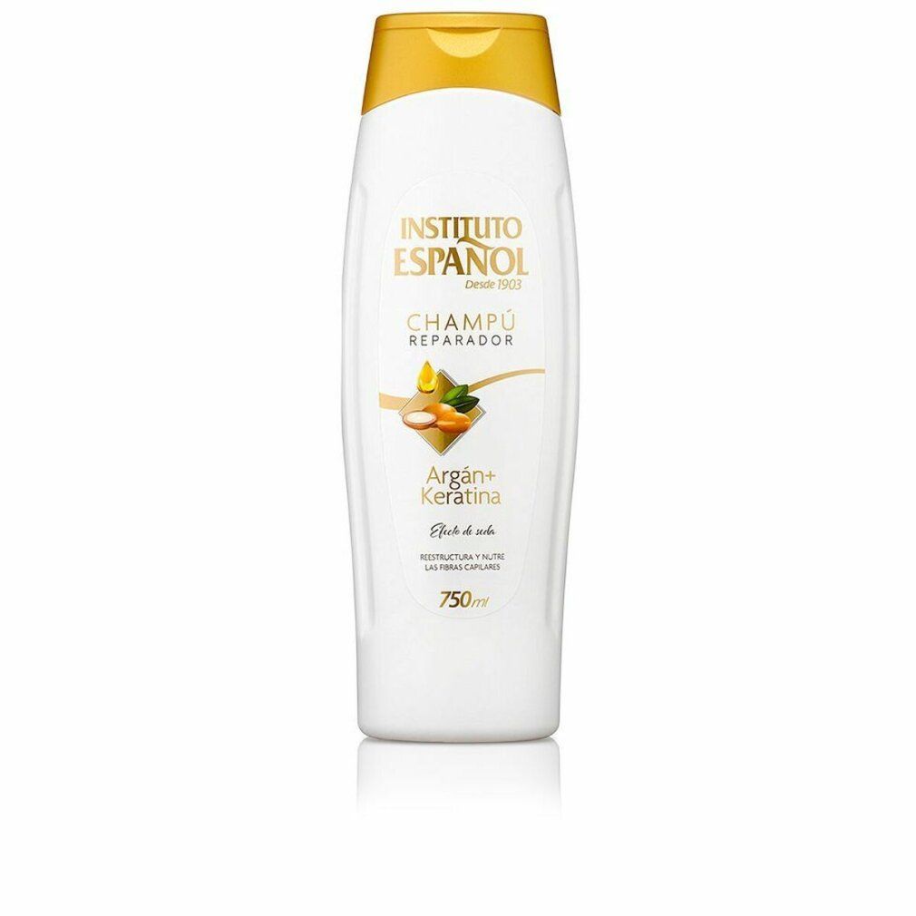 Flacone di shampoo bianco con tappo giallo. Scritta: Instituto Español, Champú Reparador, Argan + Keratina, 750ml.