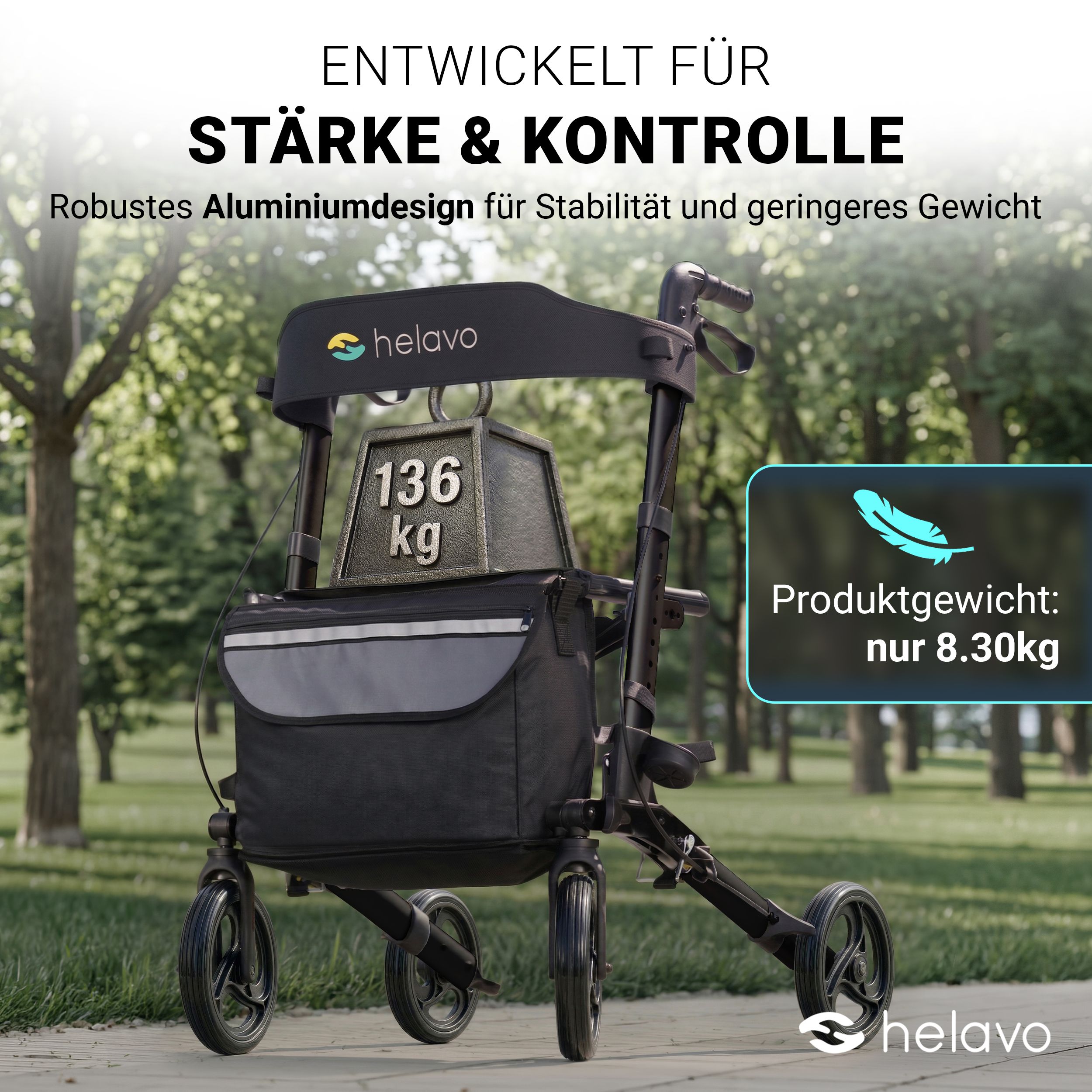 Rollator Helavo con sedile e borsa, capacità 136 kg. Peso prodotto 8,3 kg.