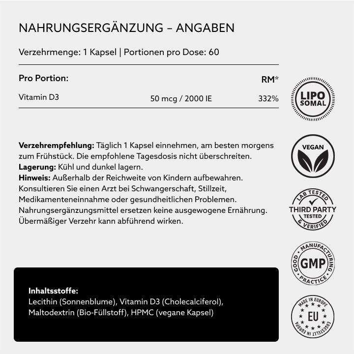 Informazioni sugli integratori alimentari. Per porzione: Vitamina D3, 50 mcg/2000 UI. Sigillo vegano, testato in laboratorio, GMP, UE.