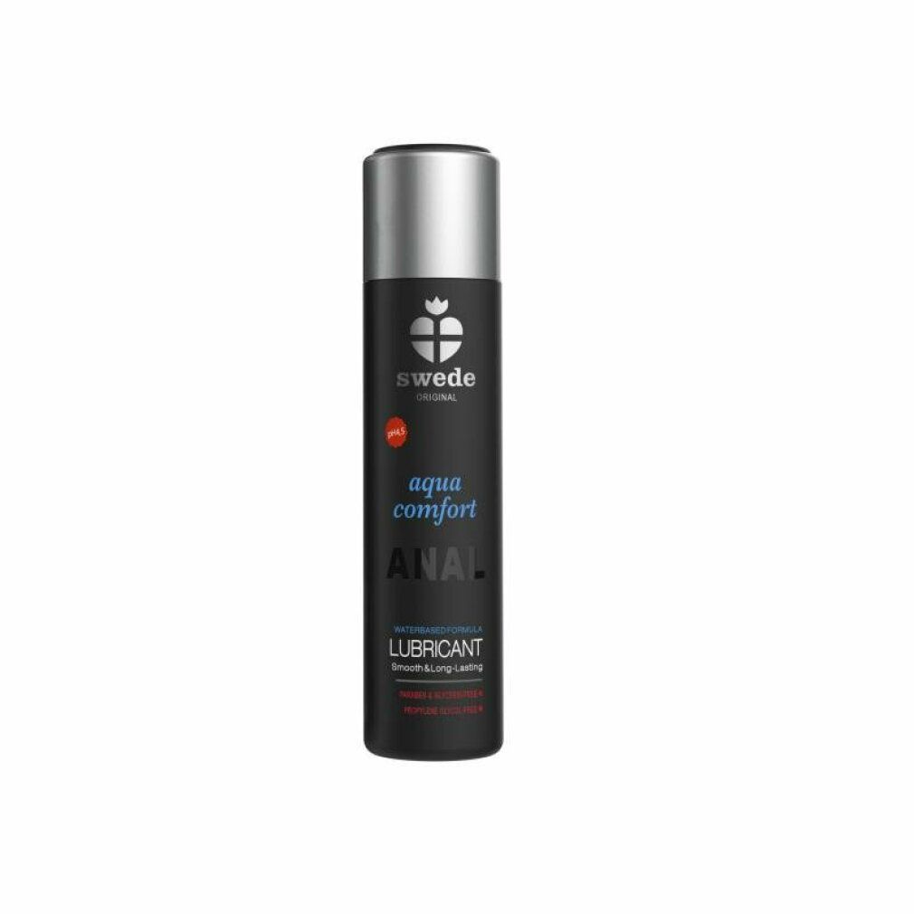 Flacone cilindrico nero con tappo argentato. Scritta bianca: "aqua comfort ANAL LUBRICANT". Marchio Swede.