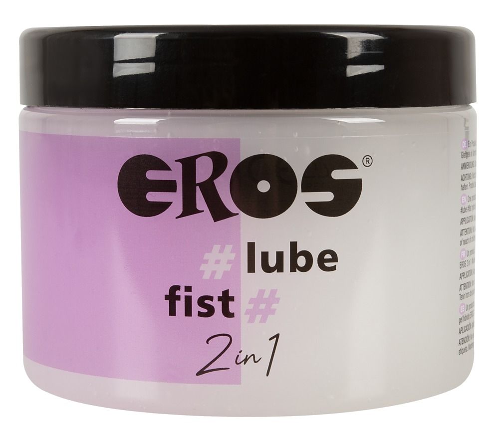 EROS 2in1 #lube fist Lubrificante ibrido in un barattolo trasparente con coperchio nero.