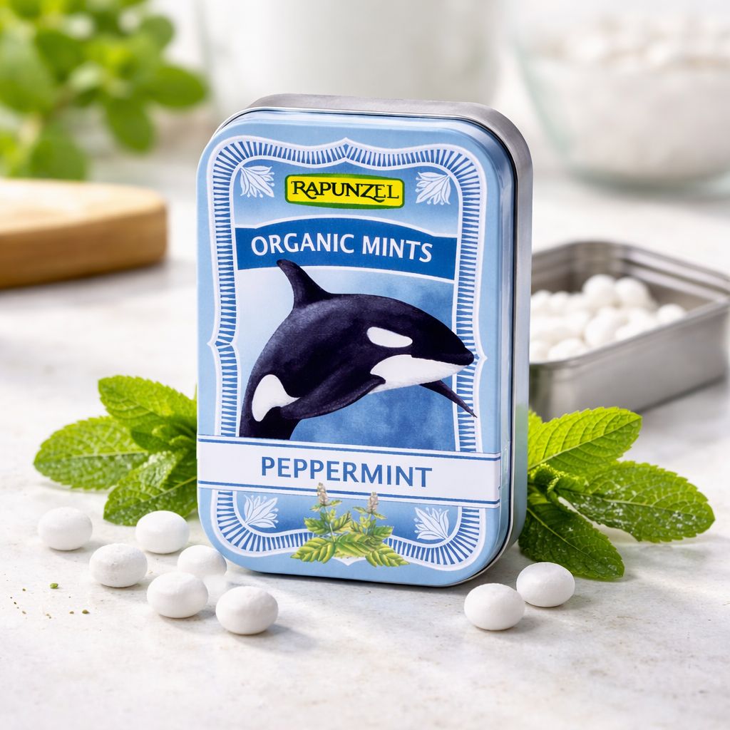 Caramelle biologiche Rapunzel alla menta, gusto menta piperita, con orca.