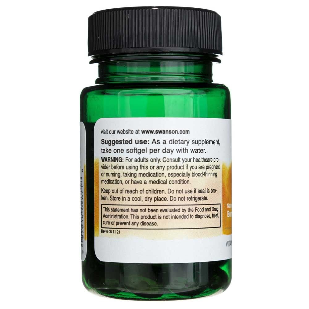 Retro di un flacone di Softgel di Vitamina K-2 SWANSON. Mostra istruzioni per l'uso e avvertenze.