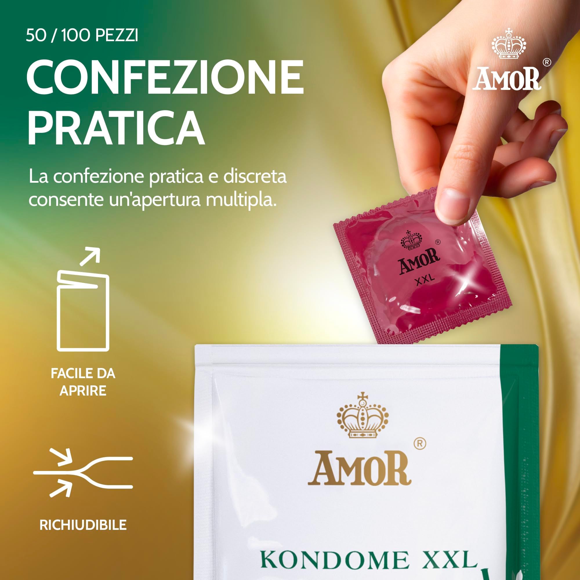 Preservativo Amor XXL: 54 mm, extra large. 100 pezzi. Preservativi premium.