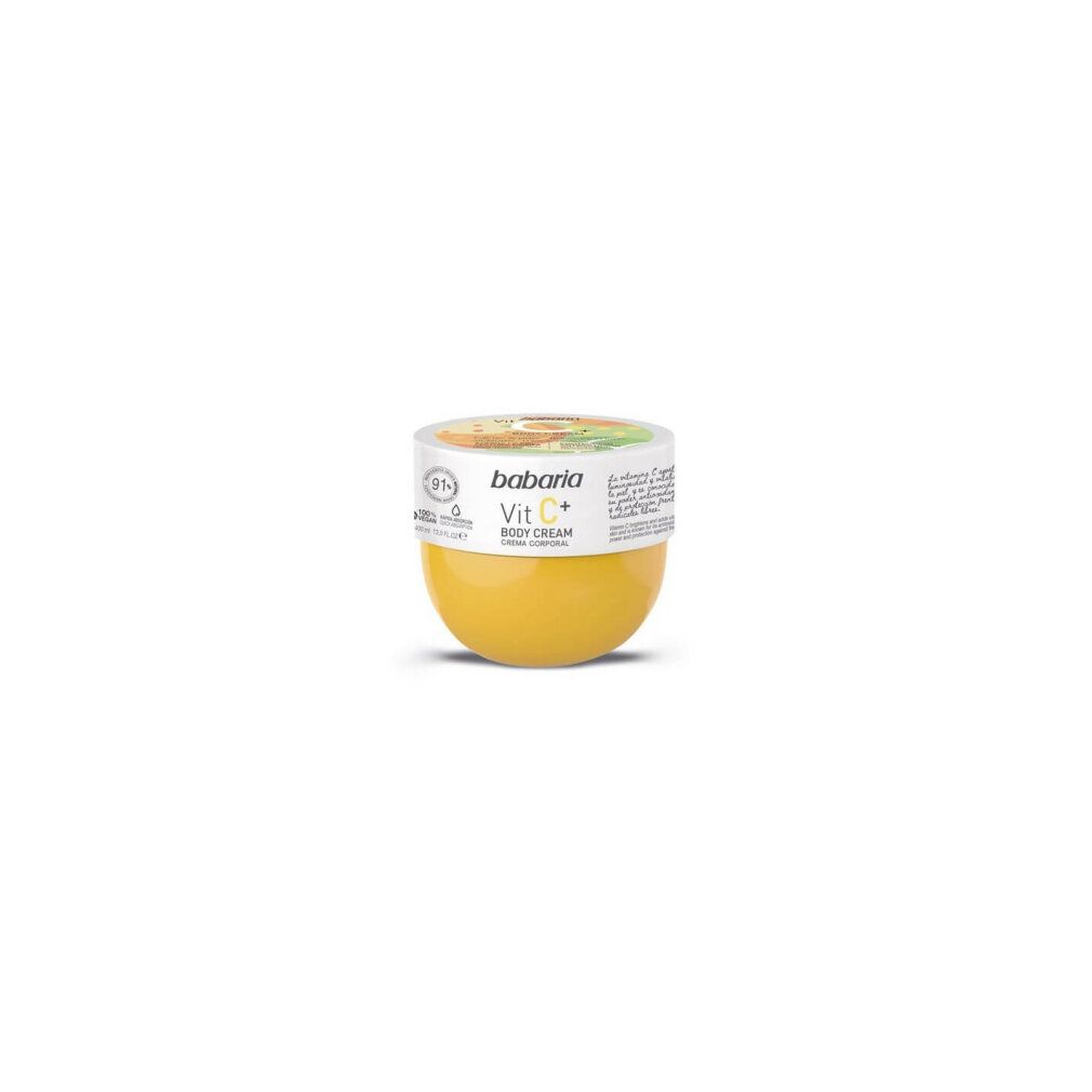 Barattolo di crema giallo con coperchio bianco. Scritta: babaria Vit C+ Body Cream. Sigillo vegano.