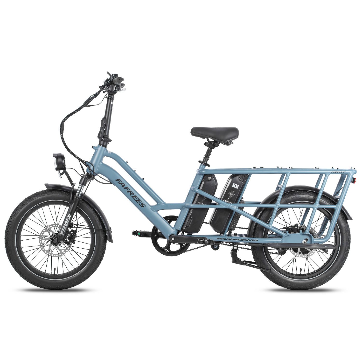 Bicicletta elettrica blu con portapacchi e batterie. Marchio FAFREES. Pneumatici e sella neri.