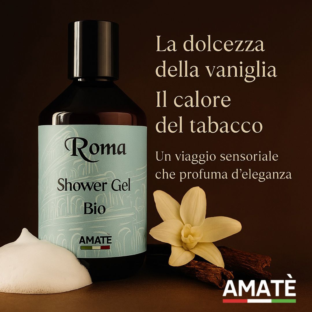 Flacone marrone con tappo nero. Etichetta: Roma, Shower Gel, Bio e Amatè. Fiore di vaniglia e tabacco.