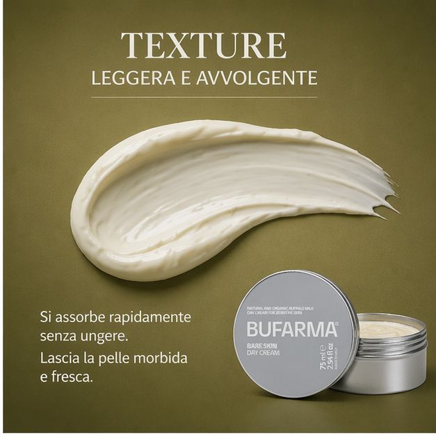 Barattolo e crema. Scritta: BUFARMA, Bare Skin Day Cream. Texture leggera e avvolgente. Crema naturale e biologica per pelli sensibili.