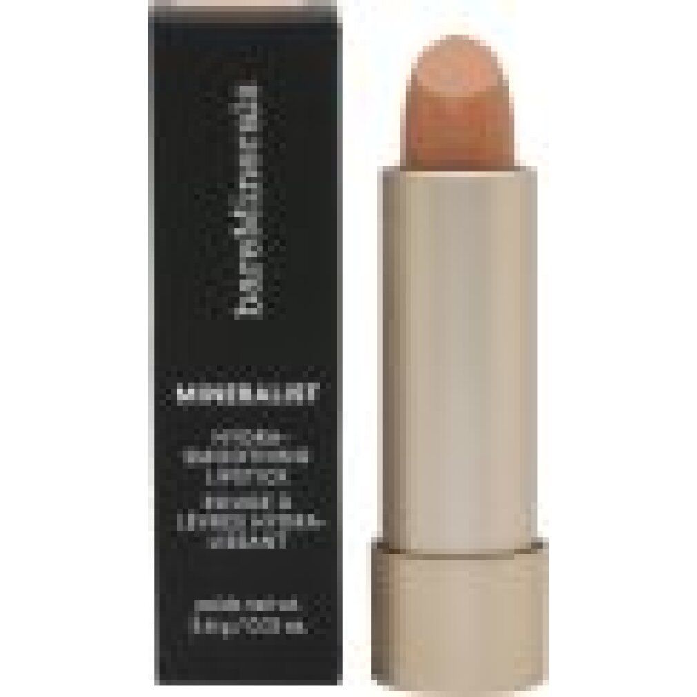 Rossetto accanto alla confezione nera. Astuccio dorato con scritta "bareMinerals". Sulla confezione è scritto "MINERALIST".