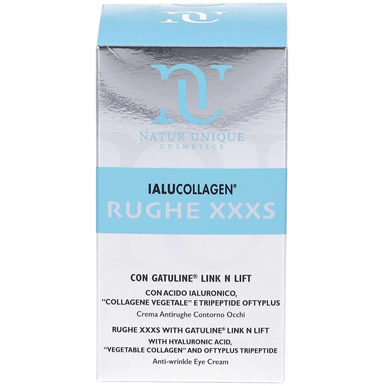 Confezione del prodotto. Testo: Ialucollagen Rughe XXXS Contorno Occhi Antirughe. Marchio: Natur Unique Cosmetics. 15 ml.