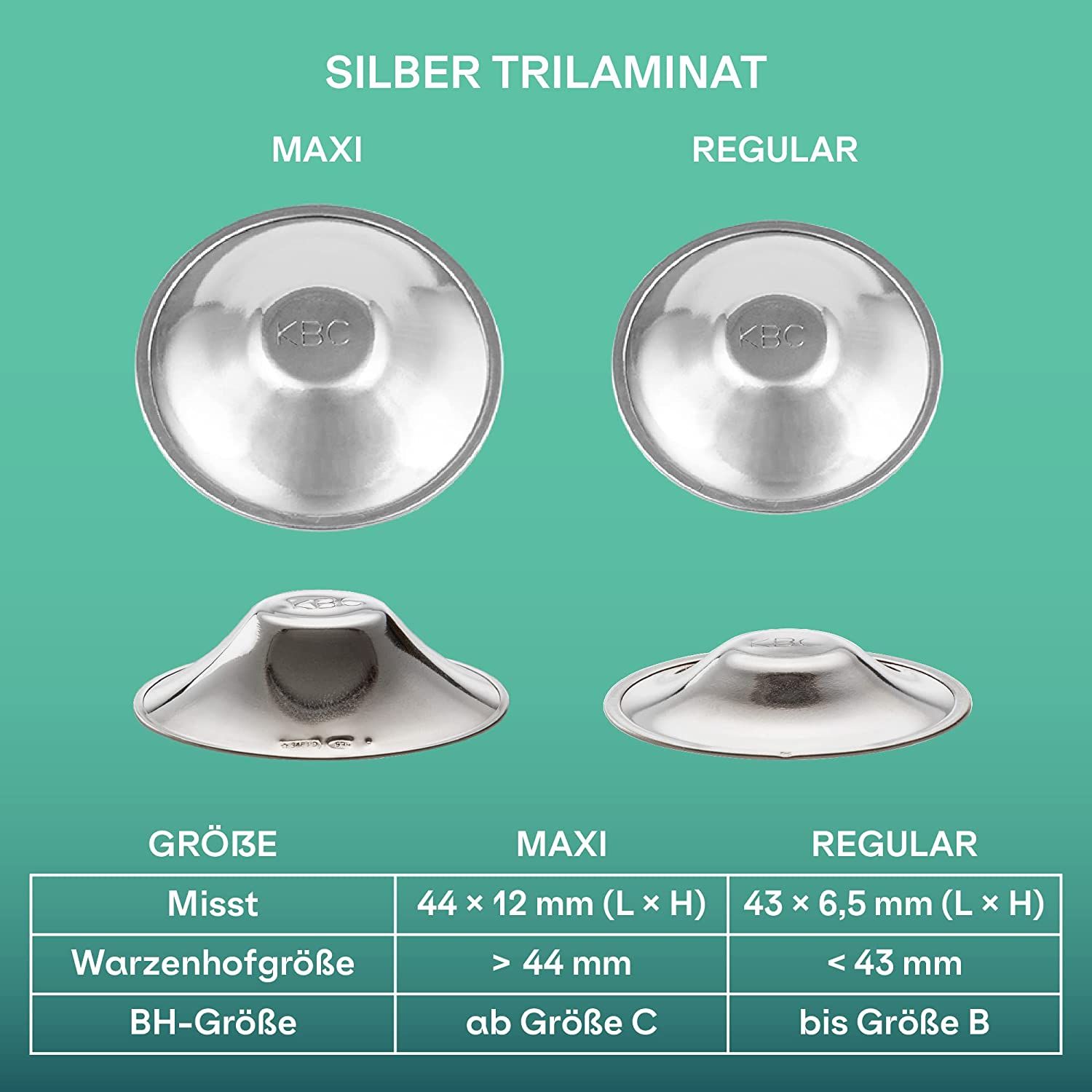 Confronto tra due coppette: Maxi e Regular. Dimensioni: 44x12mm e 43x6,5mm. Materiale: Argento trilaminato. Testo: Taglia, taglia reggiseno.